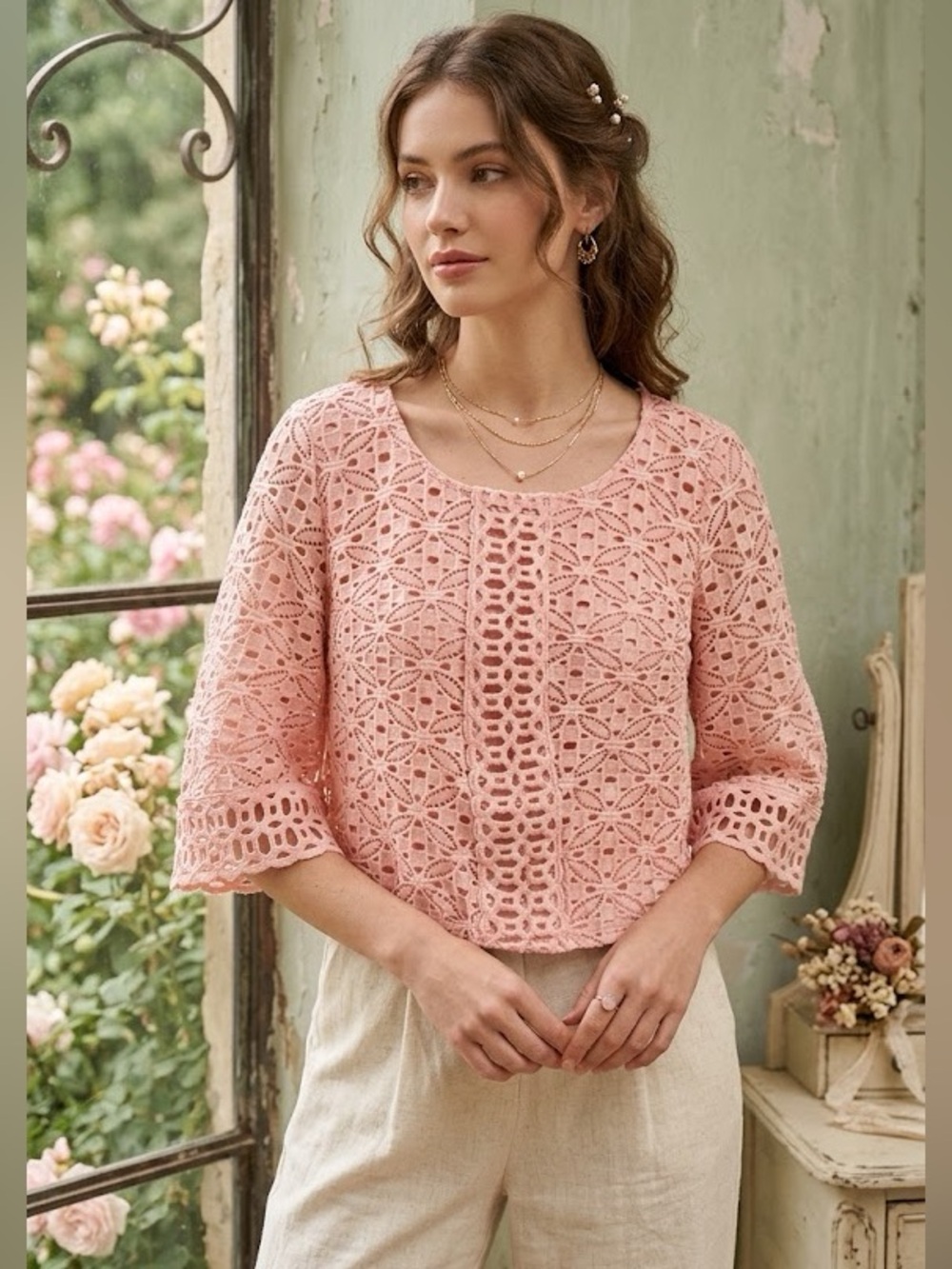 TanJay Pink Eyelet Lace Cropped Top Flare Sleeves Romantic Feminine Boho Sz M